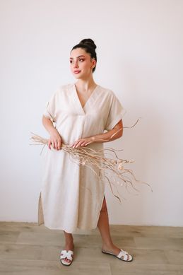 Платье, спущенное плечо, рукав на манжете (40-46), песочный (низ ровный)