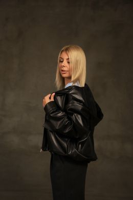 Куртка з капюшоном та накладними кишенями, екошкіра, чорний