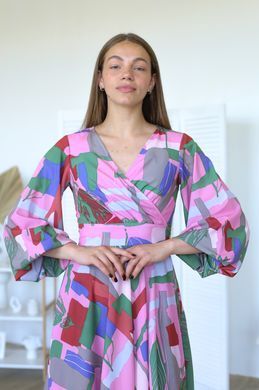 Сукня довга, на запах з довгим рукавом, абстракція з зеленою квіткою