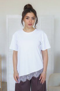 Футболка, косий низ з мереживом, білий