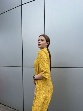 Платье штапельное двухъярусное длинное (36-44), цветущие веточки желтом