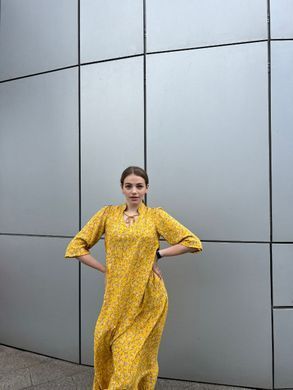 Платье штапельное двухъярусное длинное (36-44), цветущие веточки желтом